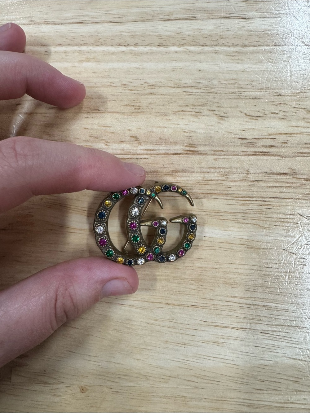 Gucci Gold-Tone Double G Multicolor Crystal Brooch